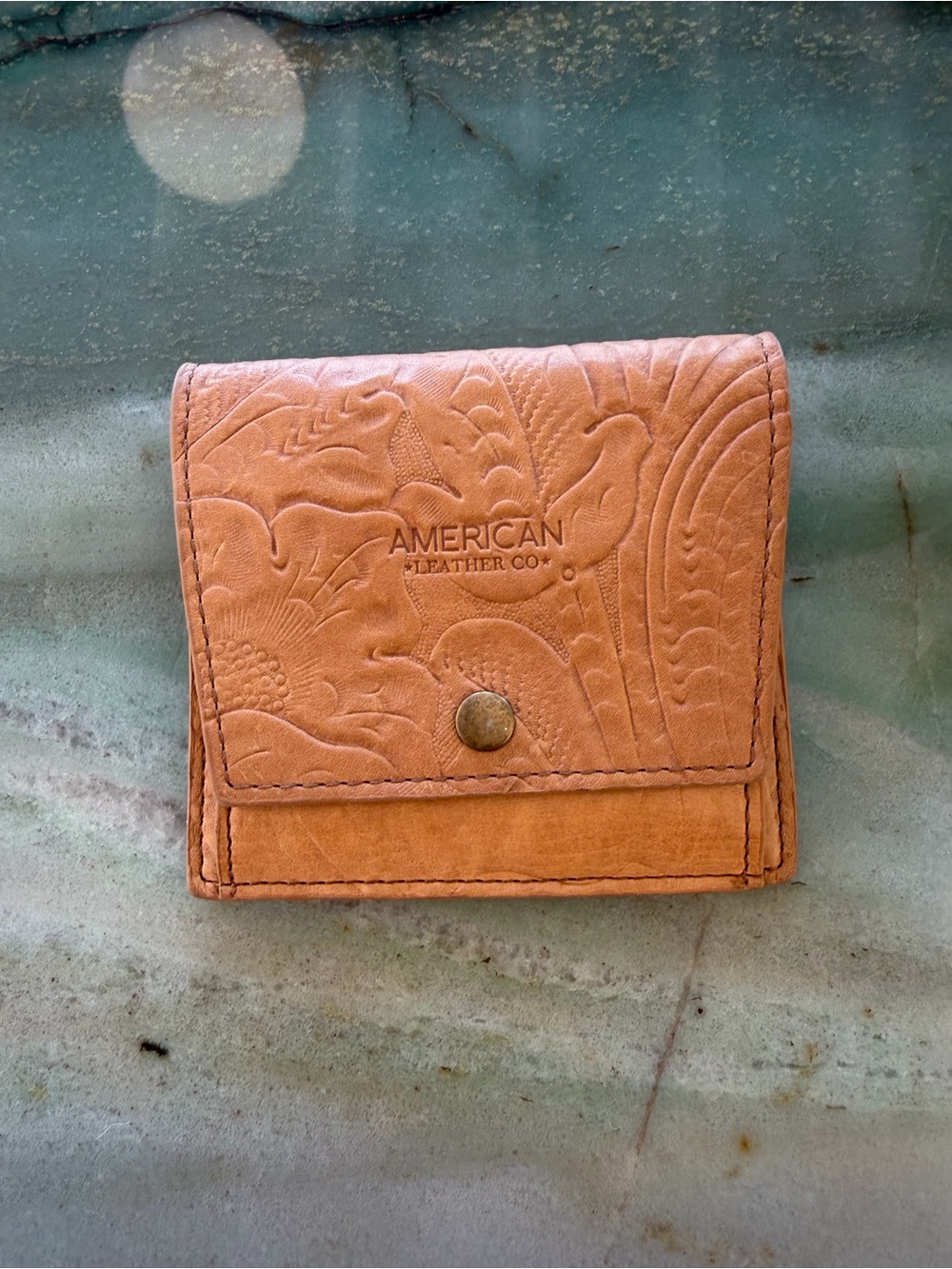 American Leather Co Brown Floral Tooled Trifold Wallet ID Window Zip Coin